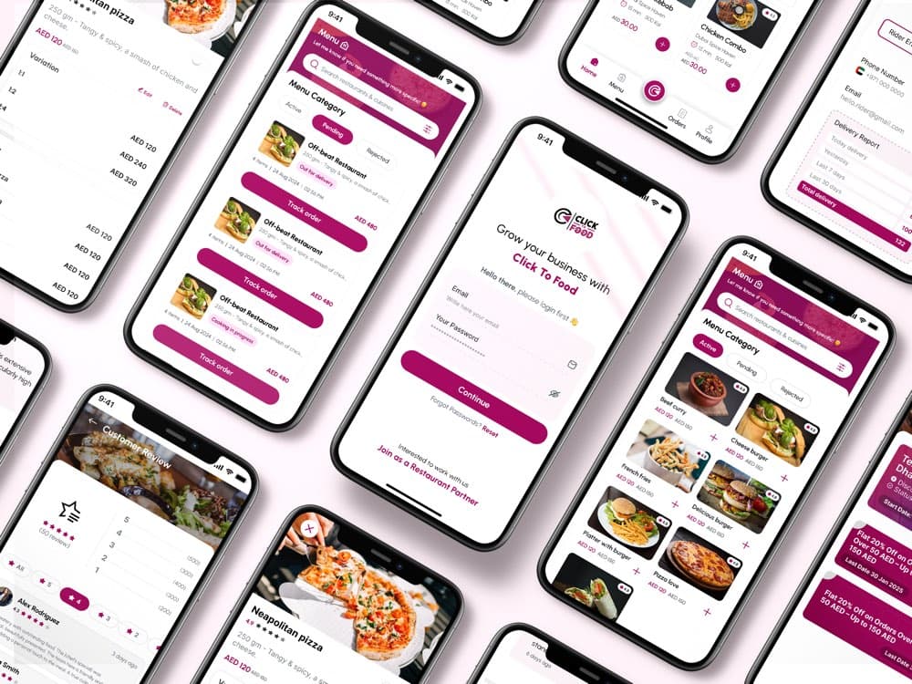 ClickToFood Restaurant Partner App screens on a phone
