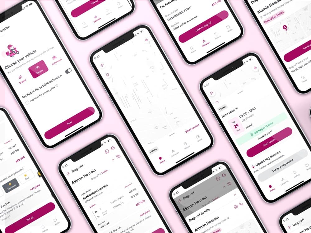 ClickToFood Rider App screens on a phone